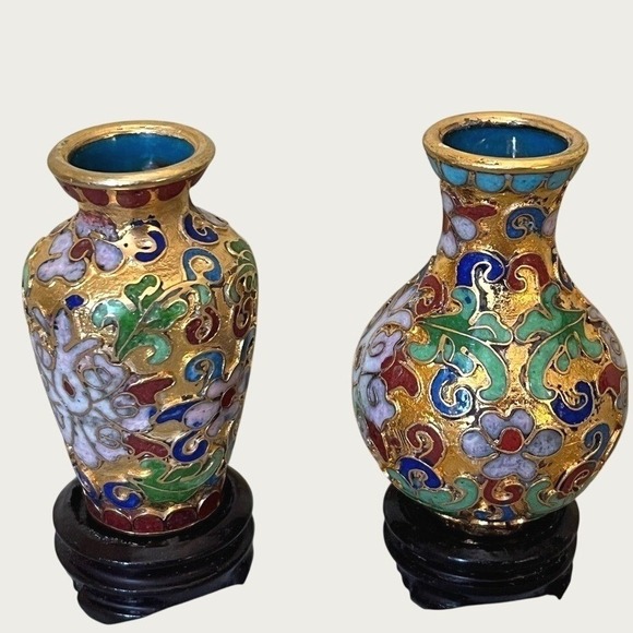 Other - Vintage Miniature Cloisonne Style Gold Tone Background Floral Vases With Bases